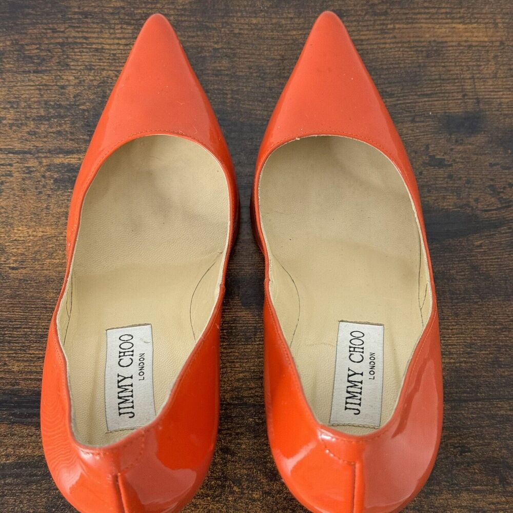 Jimmy Choo Abel Patent Leather Classic Pumps Size 38.5 US 8.5 Orange Stiletto - Picture 7 of 13